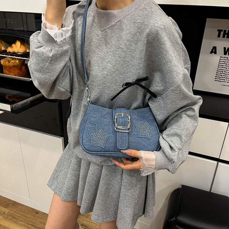 Personalized Denim Star Chain Shoulder Bag for Women