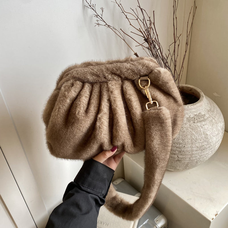Fluffy Small Messenger Bag Cute Drawstring One Shoulder Fashionable Folds