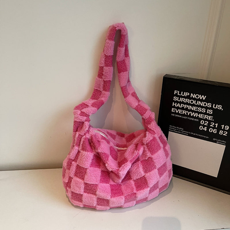 Checkerboard Plush Messenger Bag Versatile Commuter Fashion