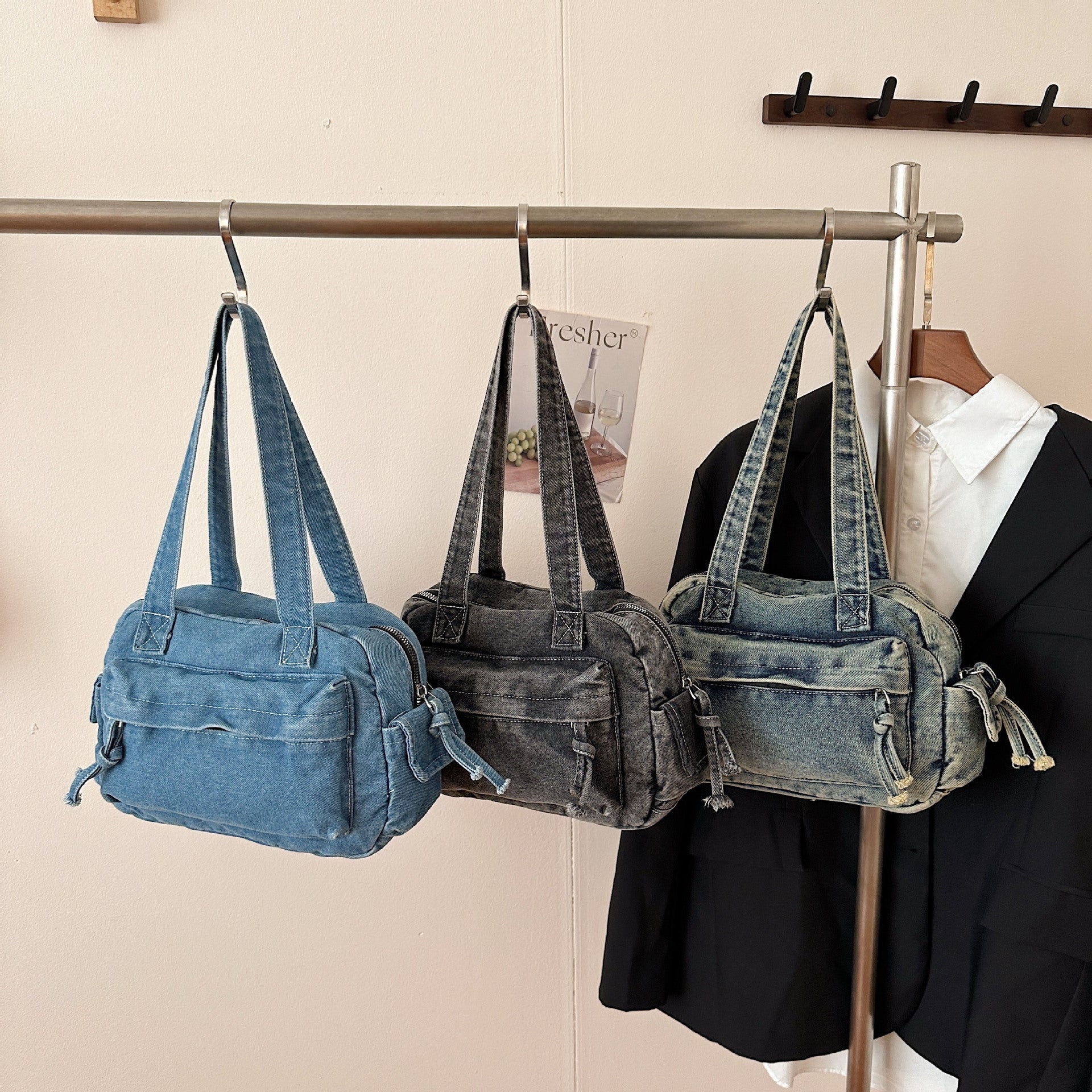 Large-Capacity Denim Tote Bag French Casual Commuting Retro Handbag