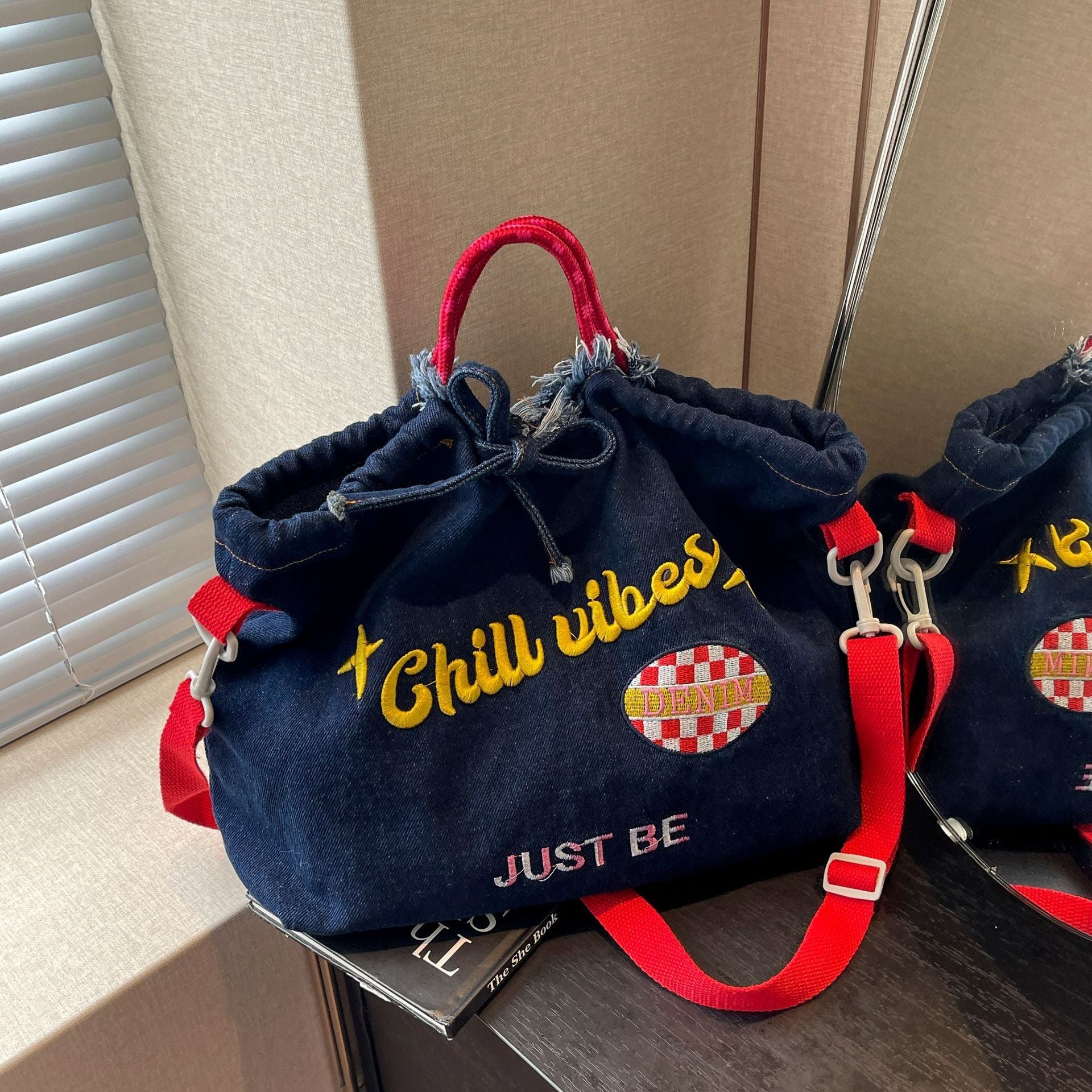 Ese Denim Embroidered Ballchain Tote Bag Large Capacity Shoulder Bag