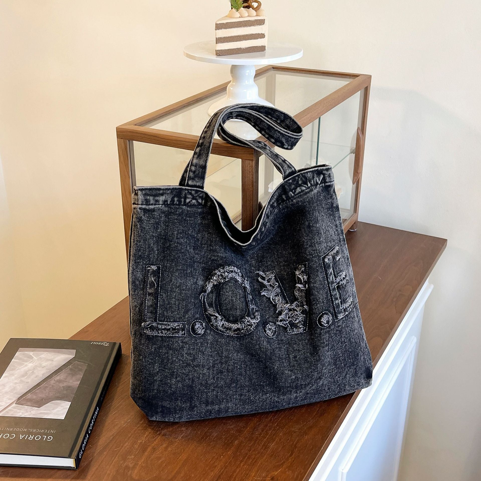 Ese Literary Embroidery Denim Shoulder Bag for Girls Large Capacity Commuter Tote