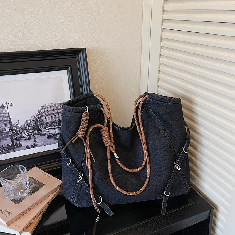 Retro Denim Commuter Shoulder Bag Large Capacity Light Able Tote