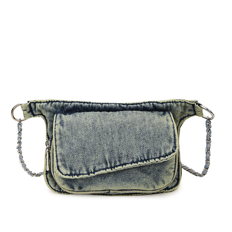 Cool Contrasting Color Denim Messenger Bag Splicing Pleated Shoulder Fanny Pack