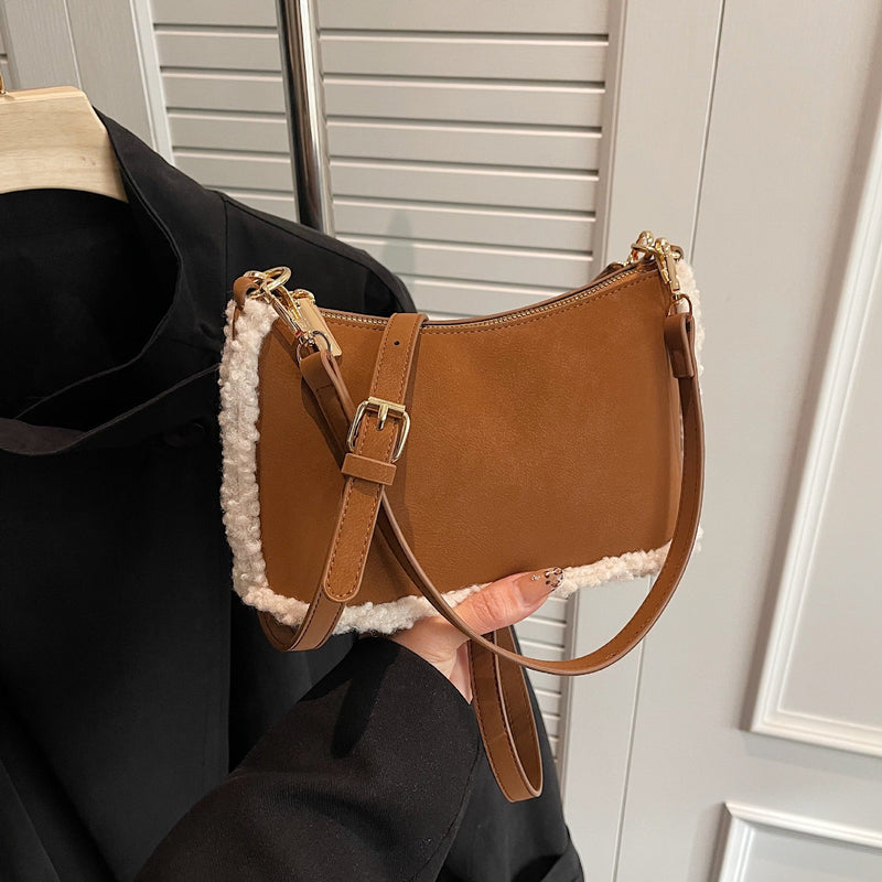 Retro Matte Suede Shoulder Bag Splicing Underarm Commuter Messenger