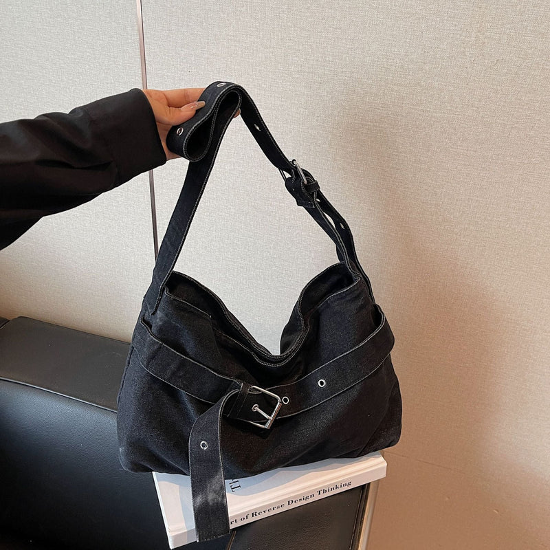 Retro Denim Shoulder Bag Large Capacity Women's Commuter Messenger Bag