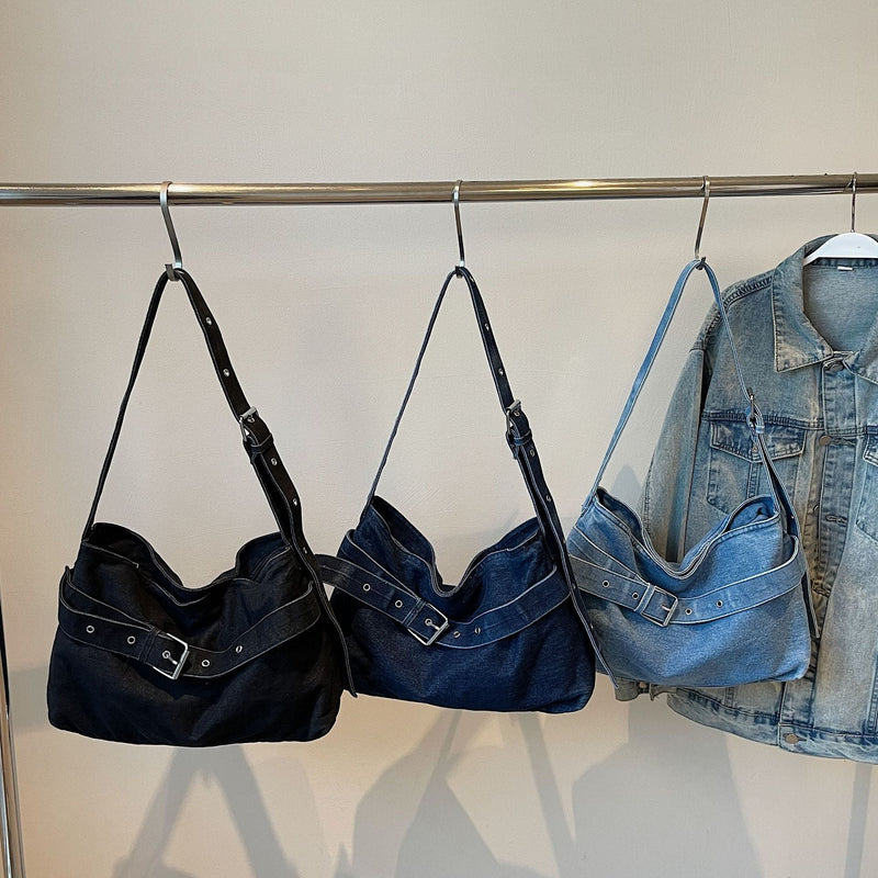 Retro Denim Shoulder Bag Large Capacity Women's Commuter Messenger Bag