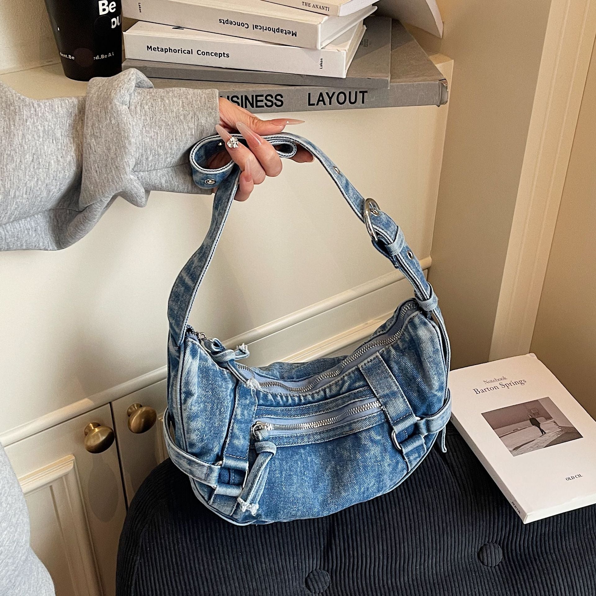 Matin Kim Denim Messenger Bag Retro Wash Crescent Shoulder Bag Women