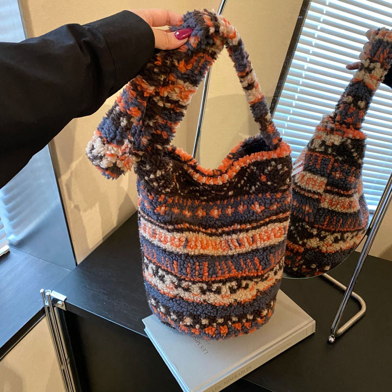 Ethnic Style Plush Bucket Bag Women's Shoulder Bag Large Capacity Retro Casual