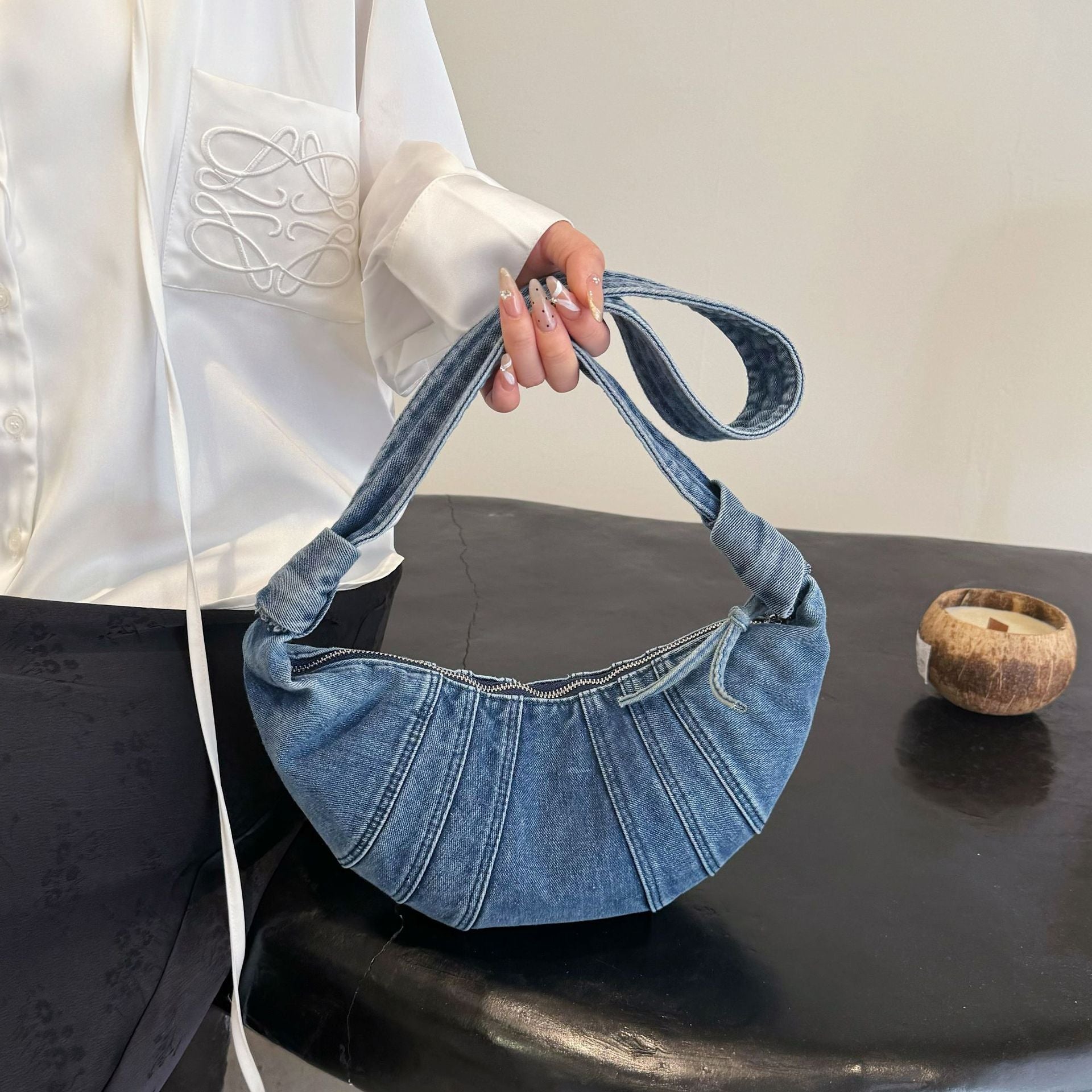 Large Capacity Pleated Denim Commuter Messenger Bag