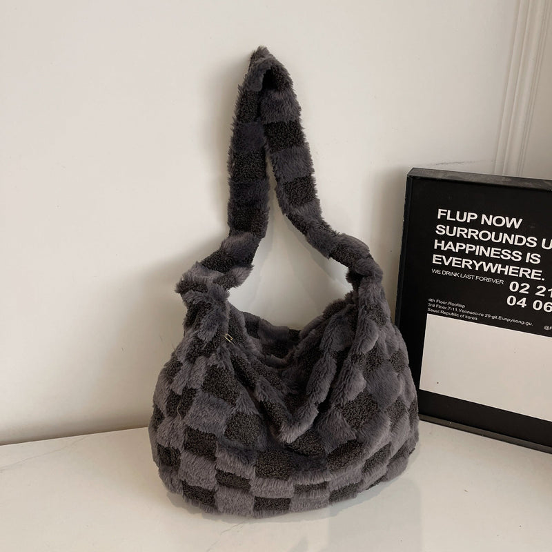 Checkerboard Plush Messenger Bag Versatile Commuter Fashion