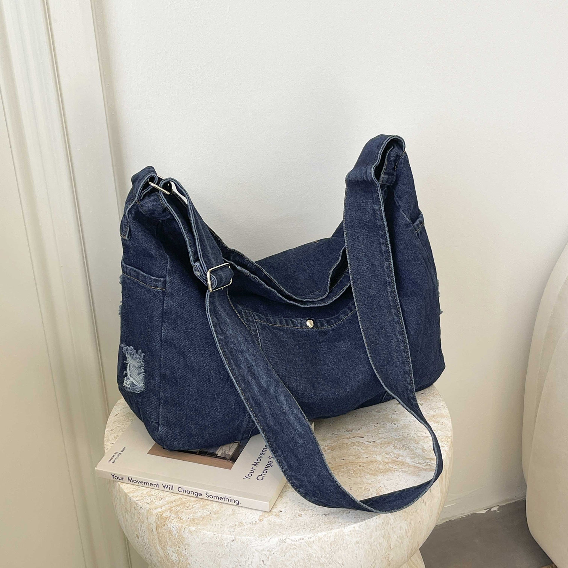 Harajuku Washed Denim Messenger Bag Literary Style Dumpling Bag