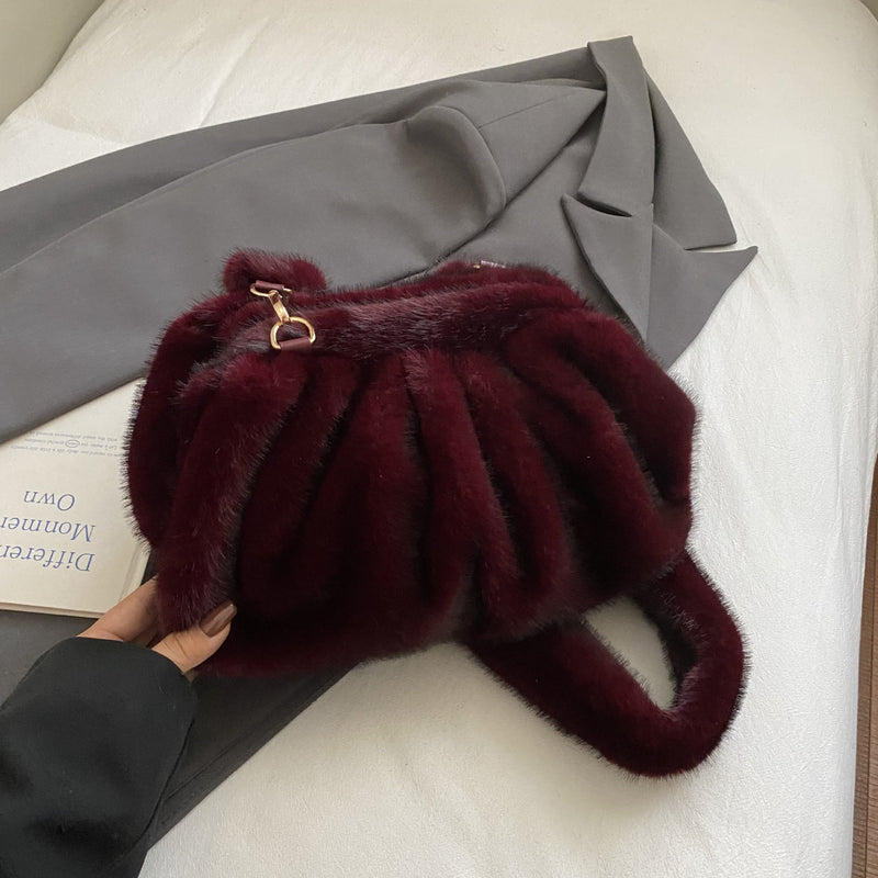Fluffy Small Messenger Bag Cute Drawstring One Shoulder Fashionable Folds