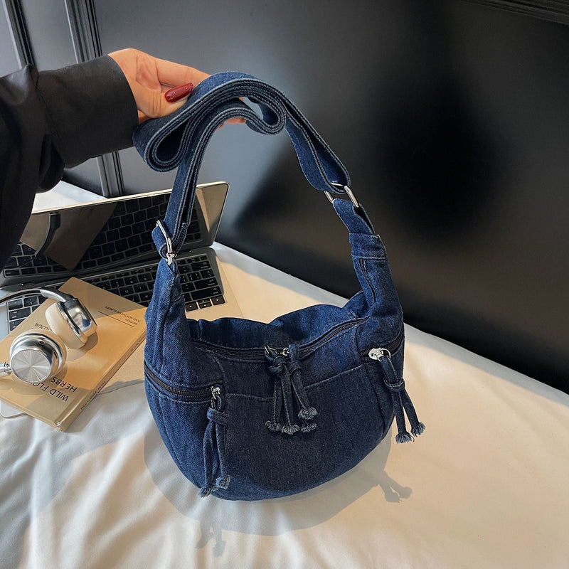 Dongdaemun Denim Messenger Bag Large Capacity Casual Pleated One-Shoulder