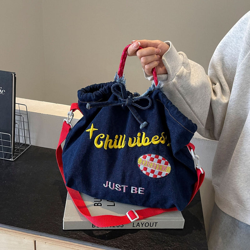 Ese Denim Embroidered Ballchain Tote Bag Large Capacity Shoulder Bag