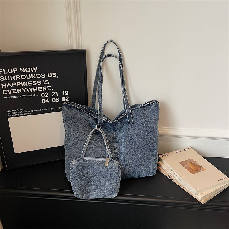 Retro Denim Commuter Tote Bag Large Capacity Shoulder Bag
