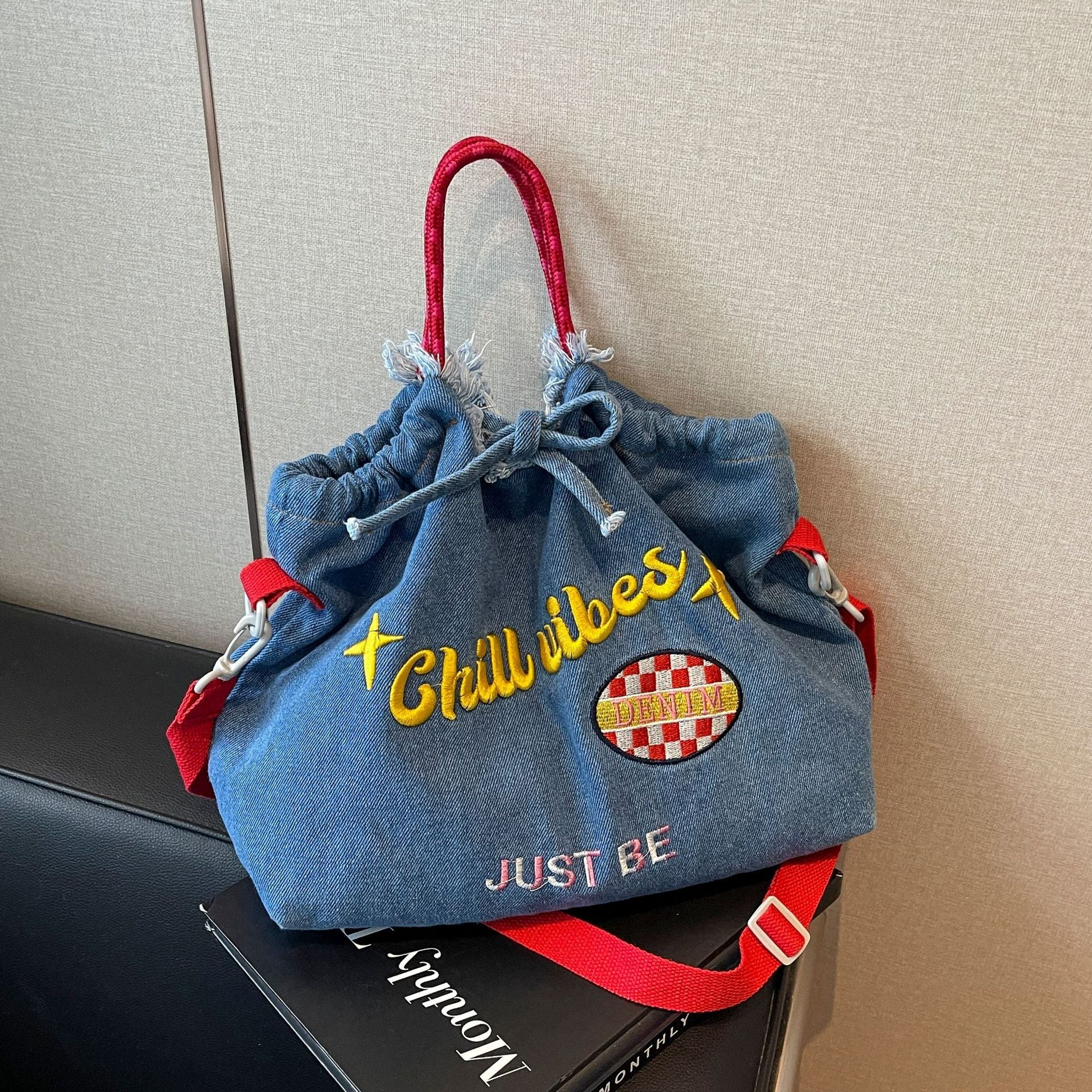 Ese Denim Embroidered Ballchain Tote Bag Large Capacity Shoulder Bag