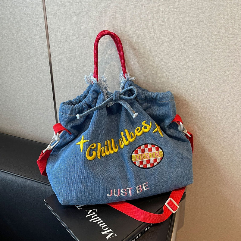 Ese Denim Embroidered Ballchain Tote Bag Large Capacity Shoulder Bag