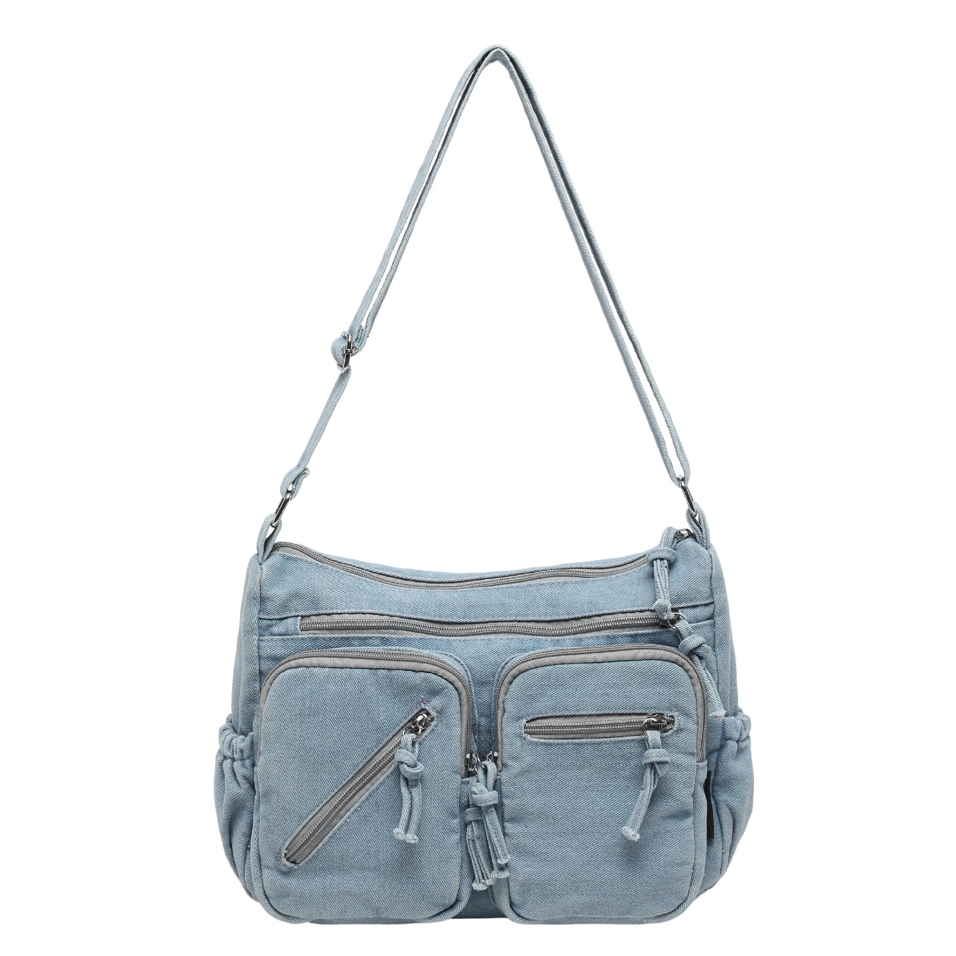 Trend Sense Denim Shoulder Bag Large Capacity Multi-Pocket Student Travel Messenger Bag