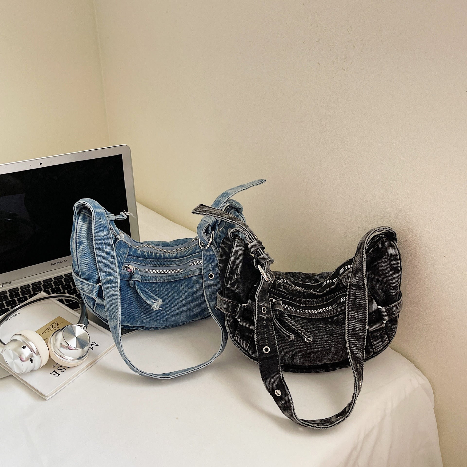 Matin Kim Denim Messenger Bag Retro Wash Crescent Shoulder Bag Women