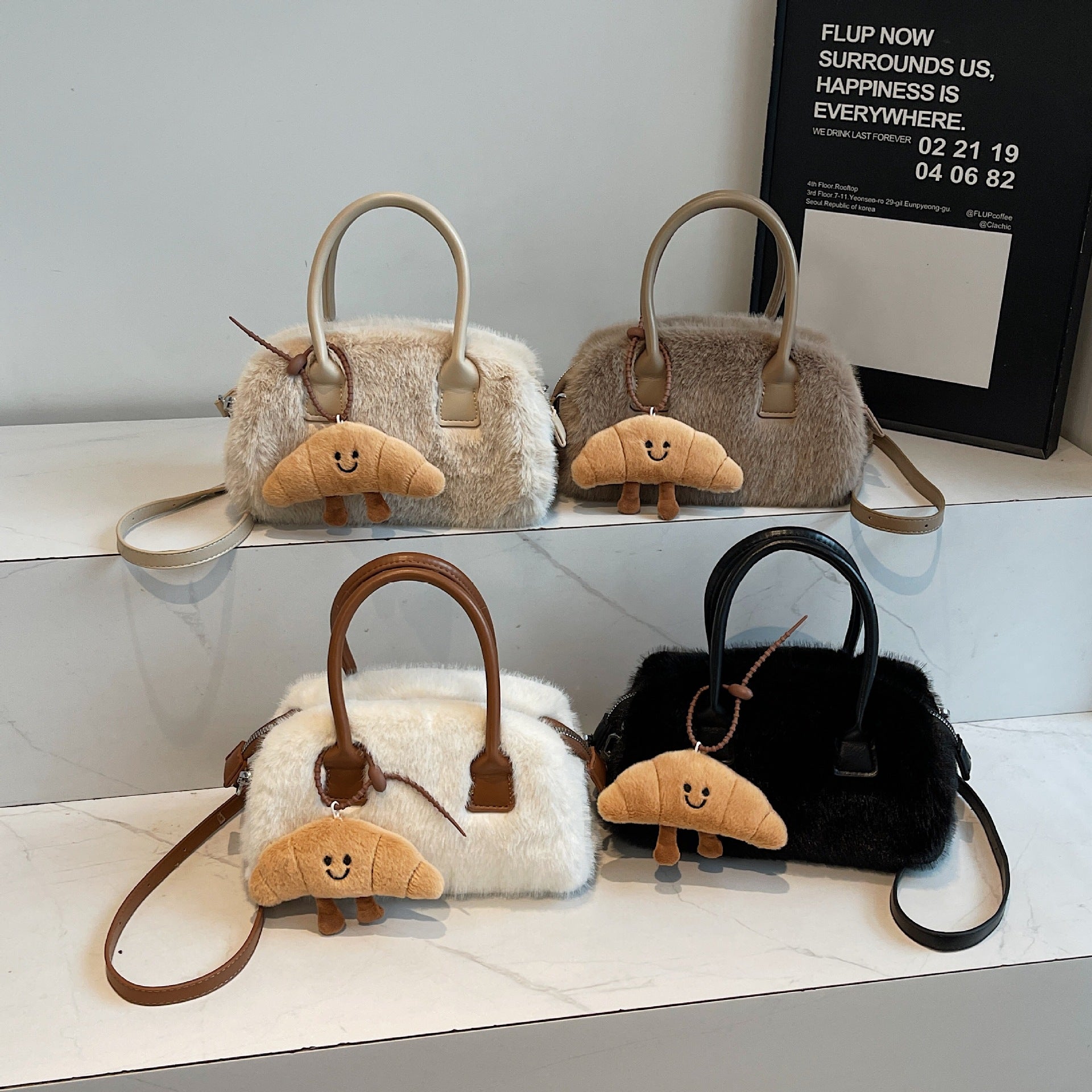 Contrast Color Plush Handbag Women Fashion Shoulder Bag