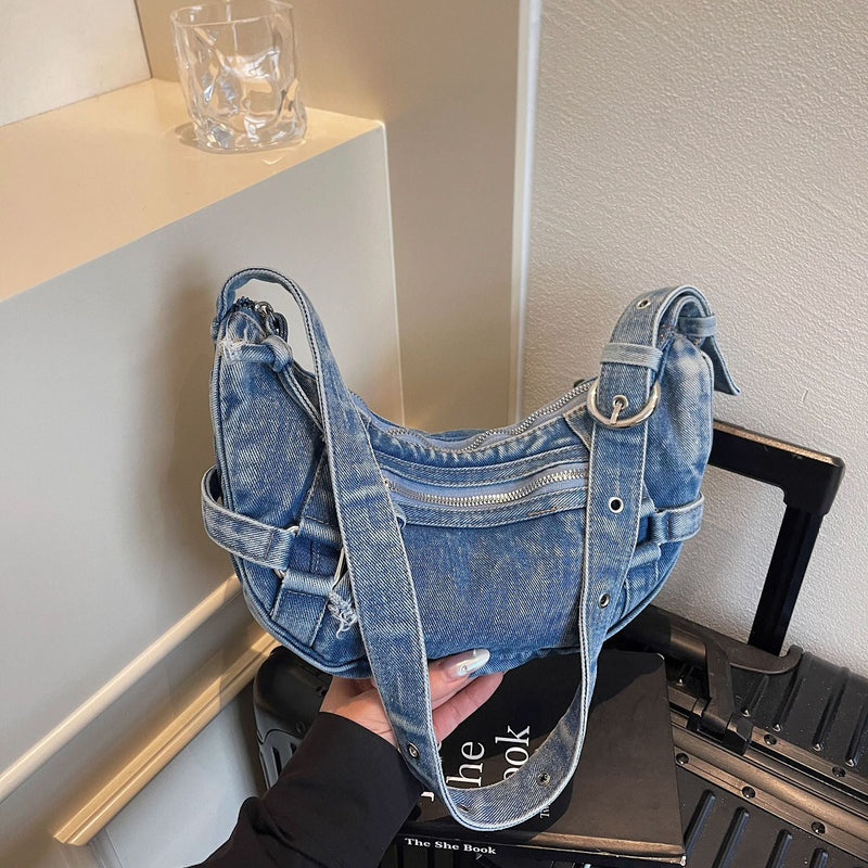Matin Kim Denim Messenger Bag Retro Wash Crescent Shoulder Bag Women