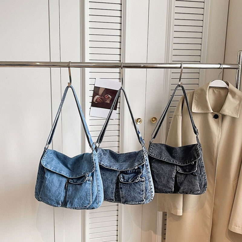 Retro Denim Messenger Bag Street Trend Casual Large Capacity Commuter Shoulder Bag