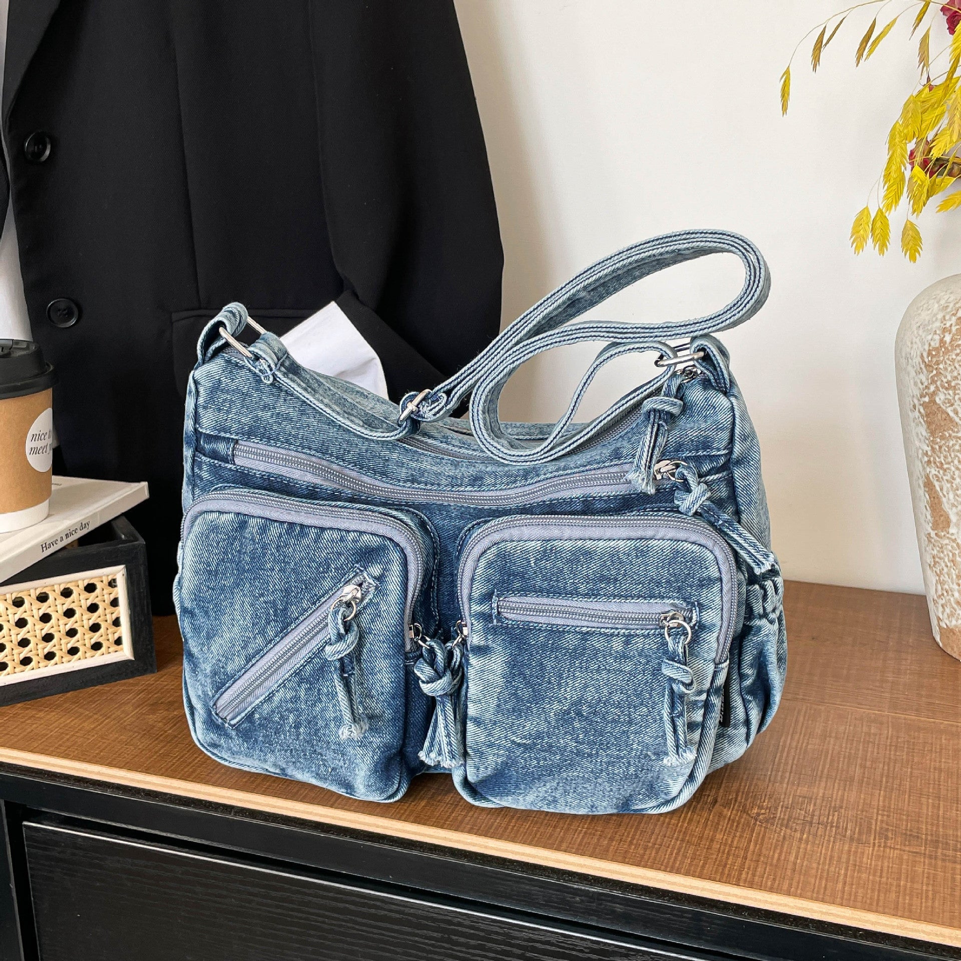 Trend Sense Denim Shoulder Bag Large Capacity Multi-Pocket Student Travel Messenger Bag