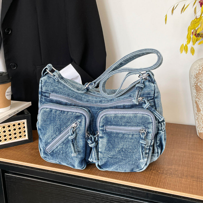 Trend Sense Denim Shoulder Bag Large Capacity Multi-Pocket Student Travel Messenger Bag