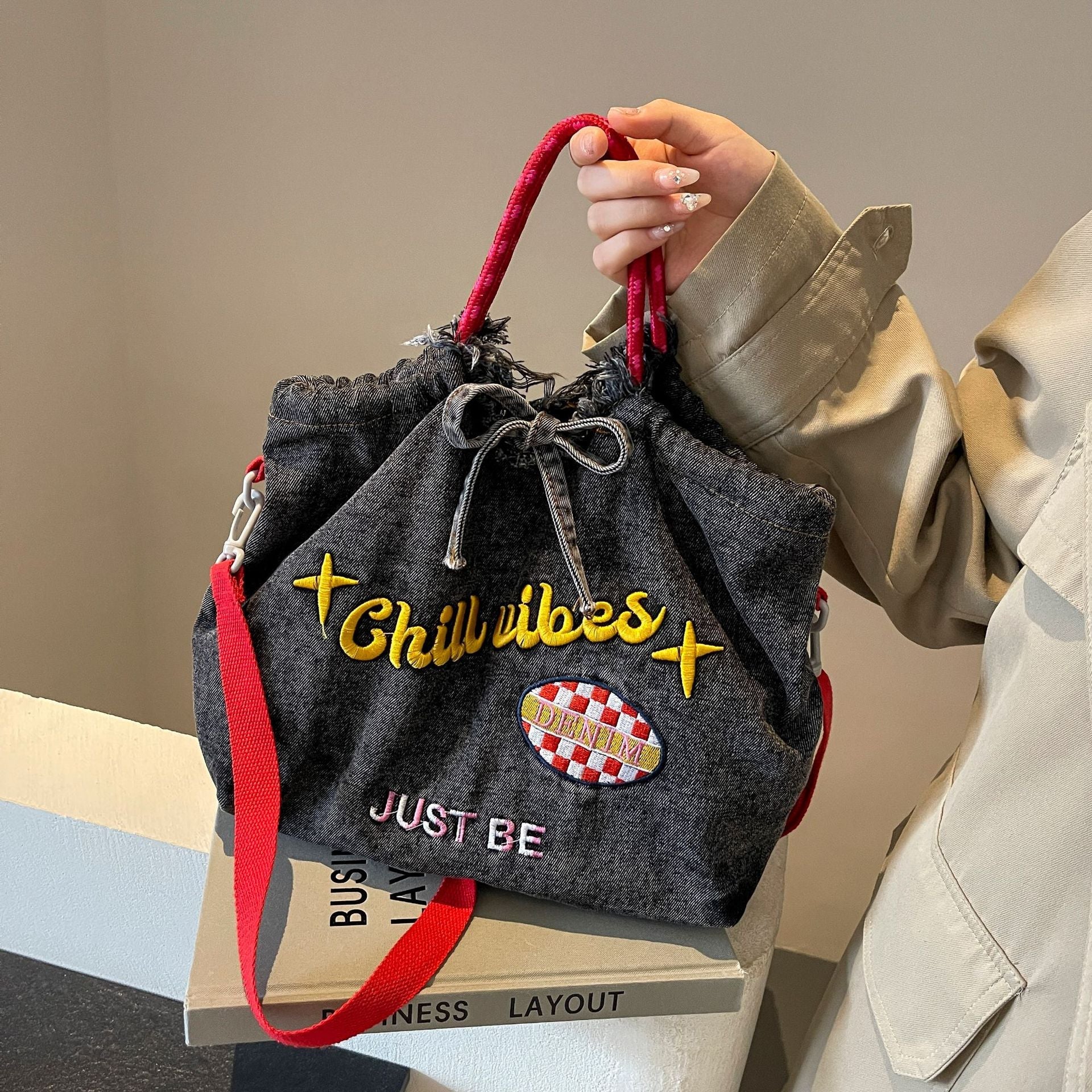 Ese Denim Embroidered Ballchain Tote Bag Large Capacity Shoulder Bag