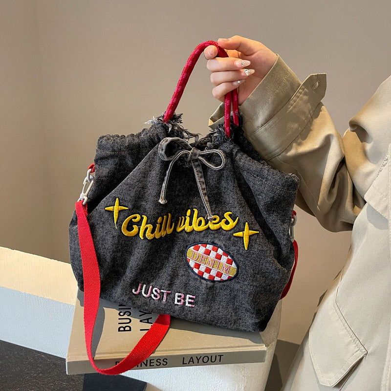 Ese Denim Embroidered Ballchain Tote Bag Large Capacity Shoulder Bag