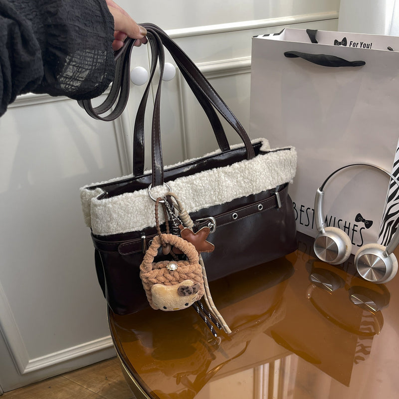 Retro Plush Splicing Shoulder Bag with Belt Buckle