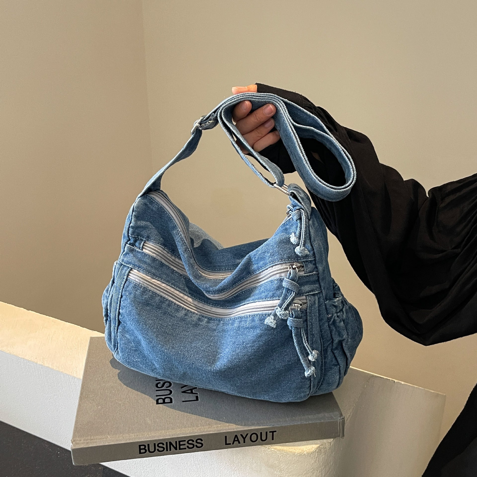 Plaid Denim Shoulder Bag for Women Spring Summer Large-Capacity Messenger Bag