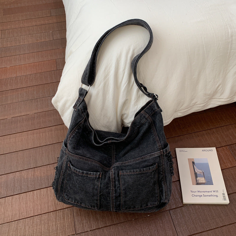 Retro Denim Shoulder Tote Bag Large Capacity Work Commuter