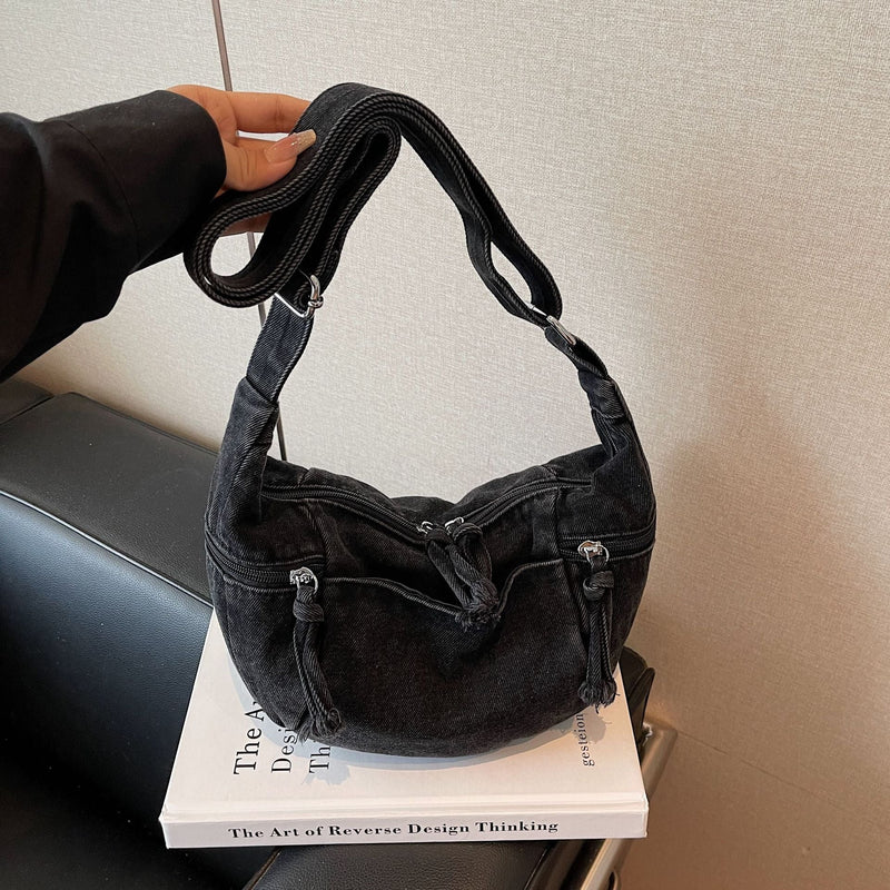 Dongdaemun Denim Messenger Bag Large Capacity Casual Pleated One-Shoulder