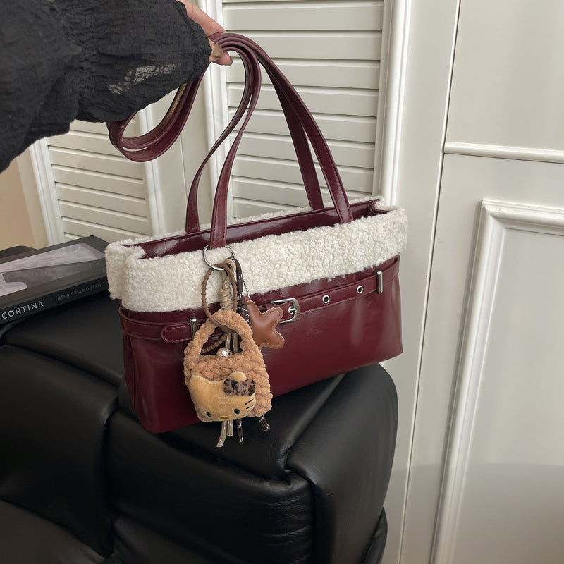 Retro Plush Splicing Shoulder Bag with Belt Buckle