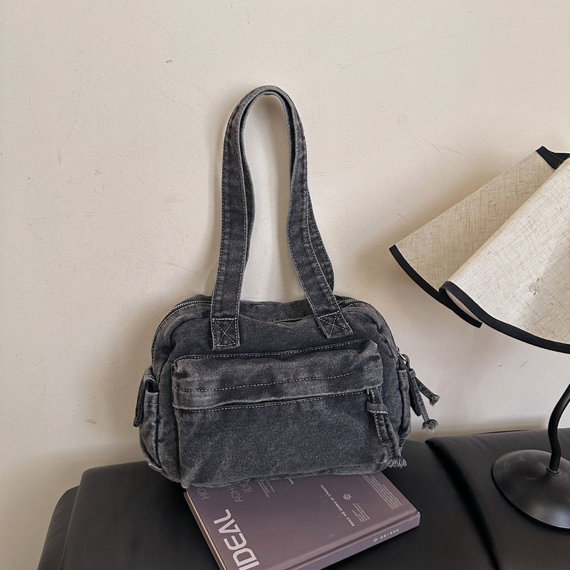 Large-Capacity Denim Tote Bag French Casual Commuting Retro Handbag