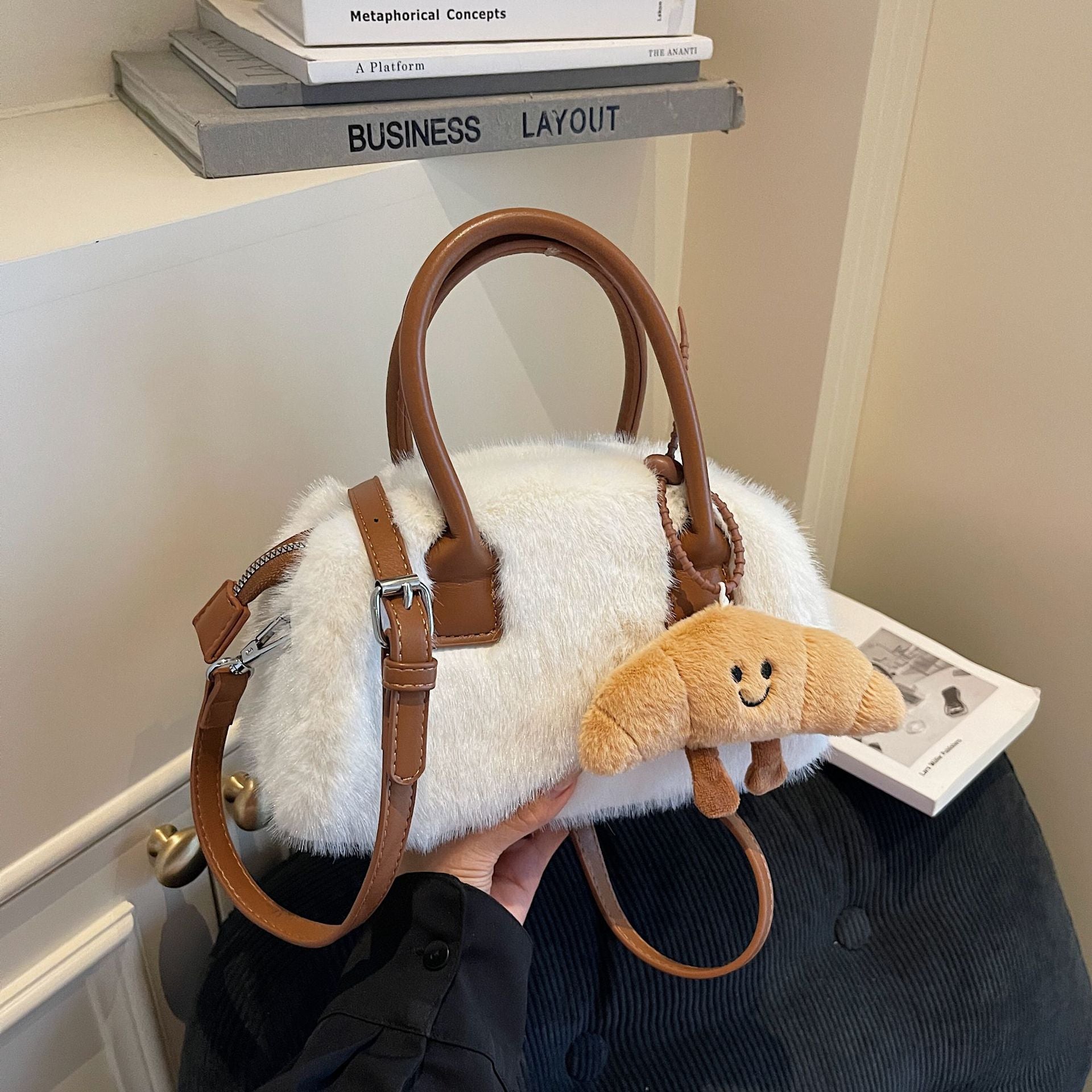 Contrast Color Plush Handbag Women Fashion Shoulder Bag