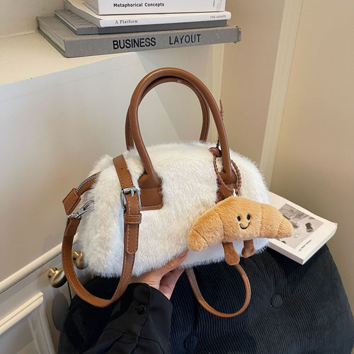 Contrast Color Plush Handbag Women Fashion Shoulder Bag