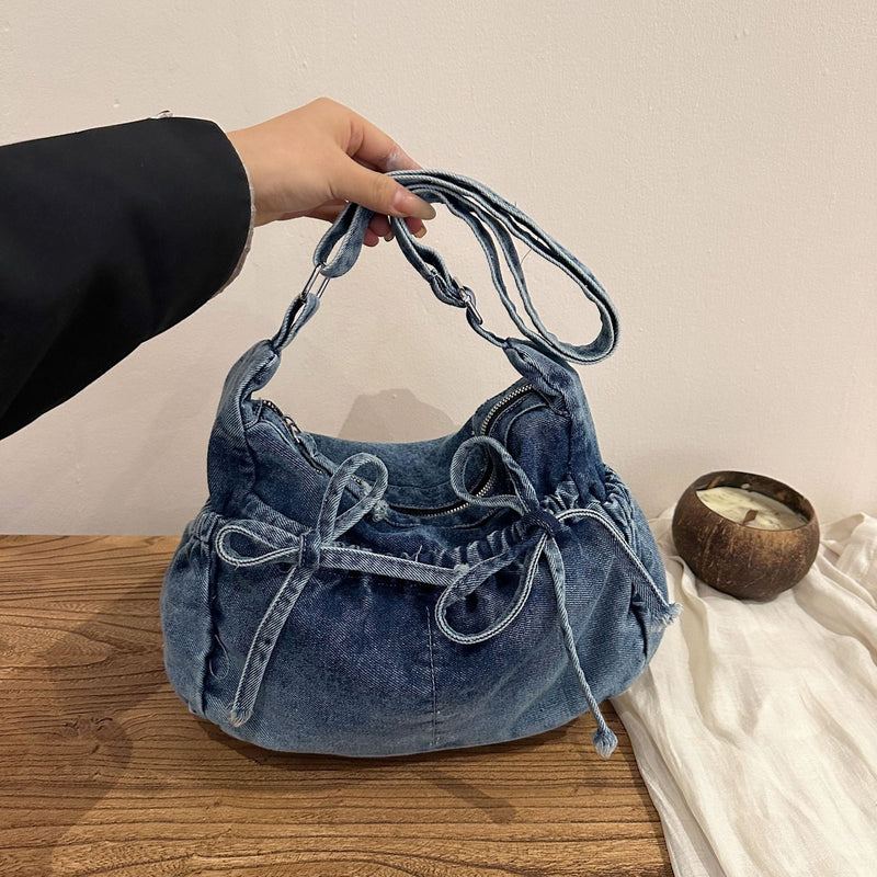 Bow Denim Messenger Bag Lightweight Commuter Shoulder Bag
