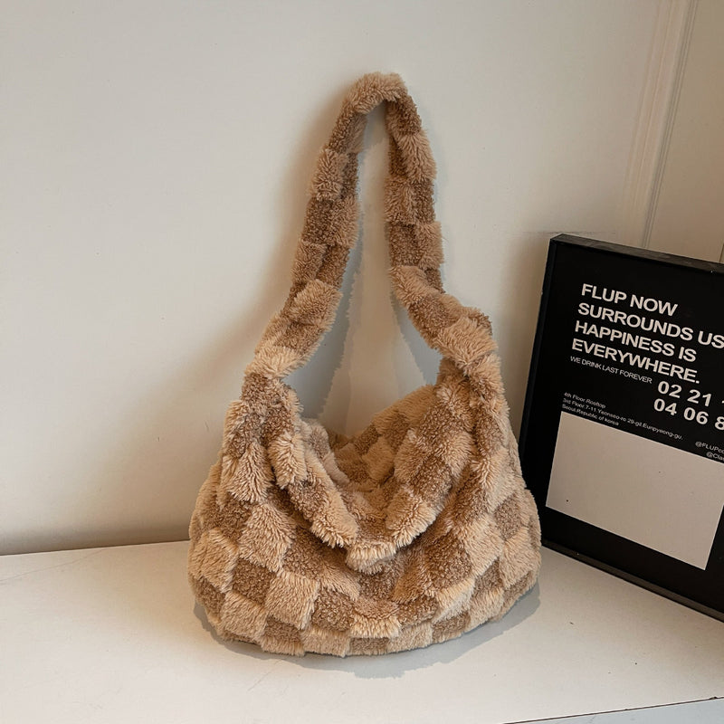 Checkerboard Plush Messenger Bag Versatile Commuter Fashion