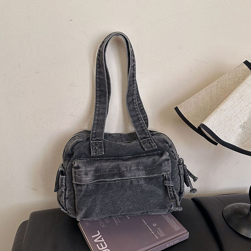 Large-Capacity Denim Tote Bag French Casual Commuting Retro Handbag