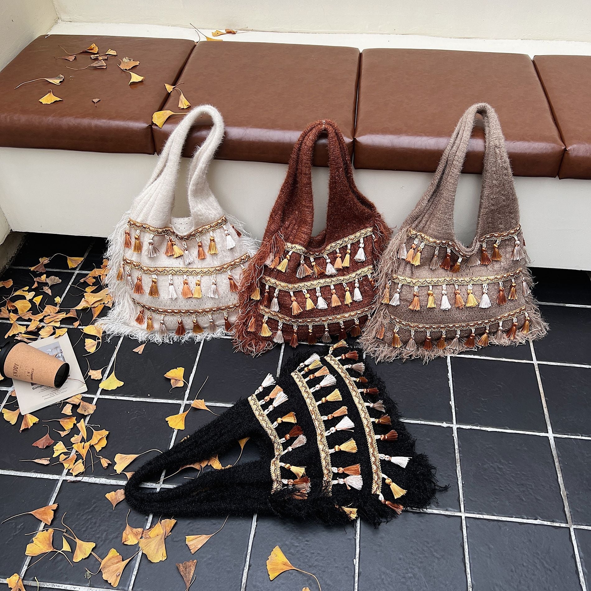 Ethnic Fringed Knitted Shoulder Bag for Women