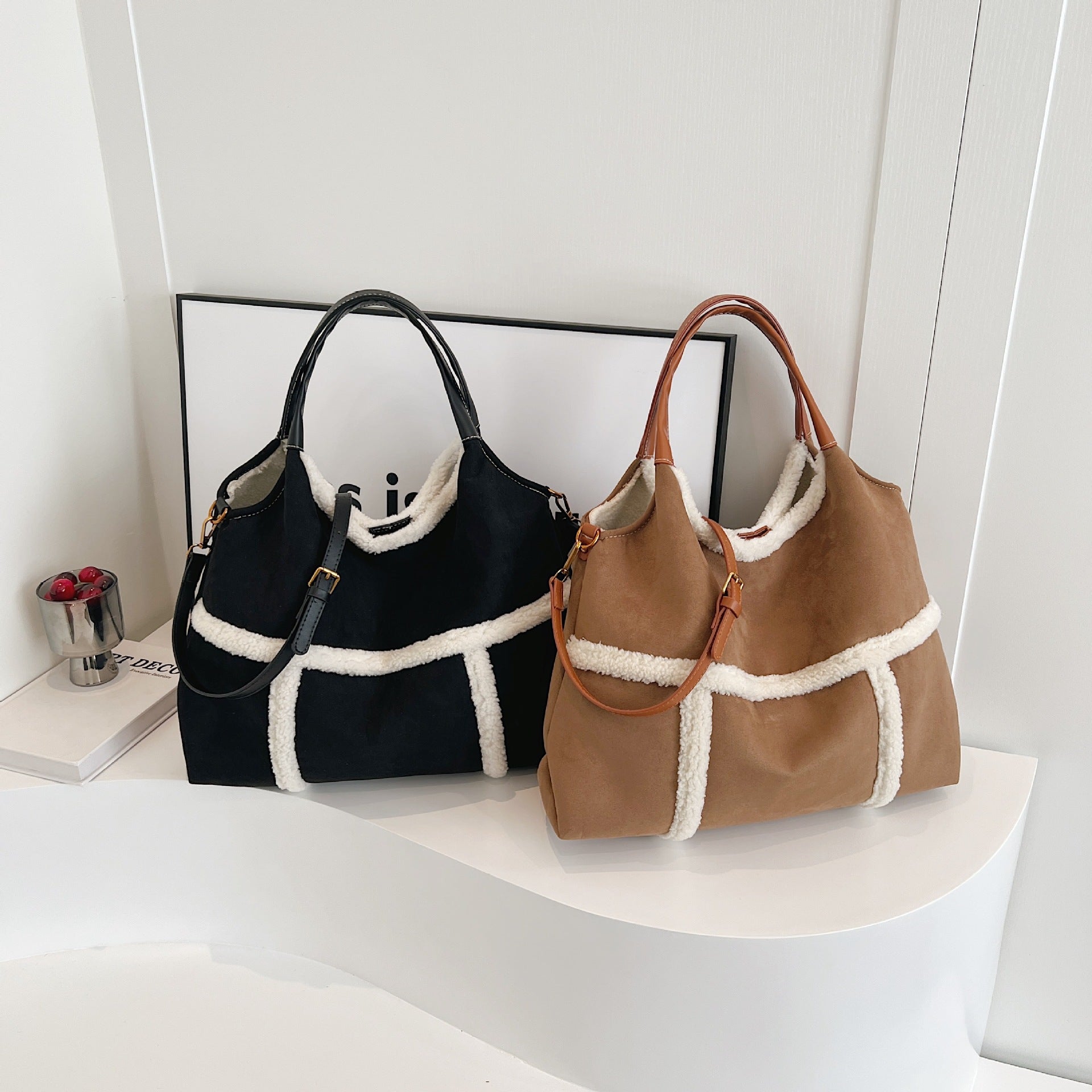 Plush Contrasting Color Messenger Tote Bag Large Capacity Shoulder Bag