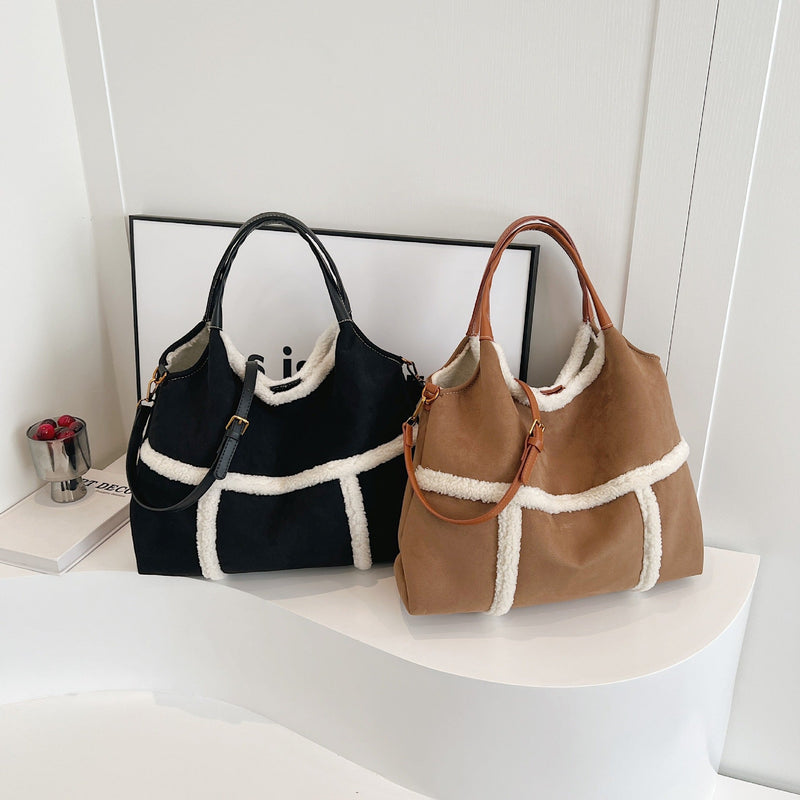Plush Contrasting Color Messenger Tote Bag Large Capacity Shoulder Bag