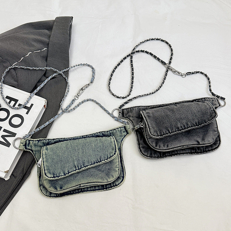 Cool Contrasting Color Denim Messenger Bag Splicing Pleated Shoulder Fanny Pack
