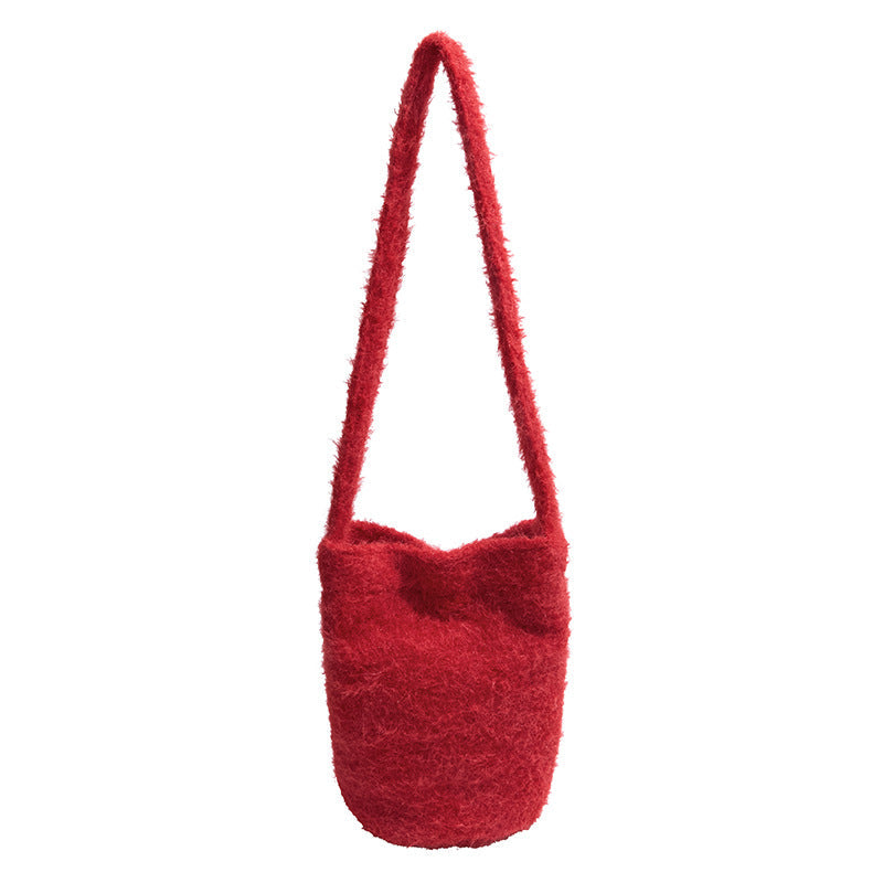 Large-Capacity Commuting Bucket Bag Soft Waxy Woolen Fashion Shoulder Bag