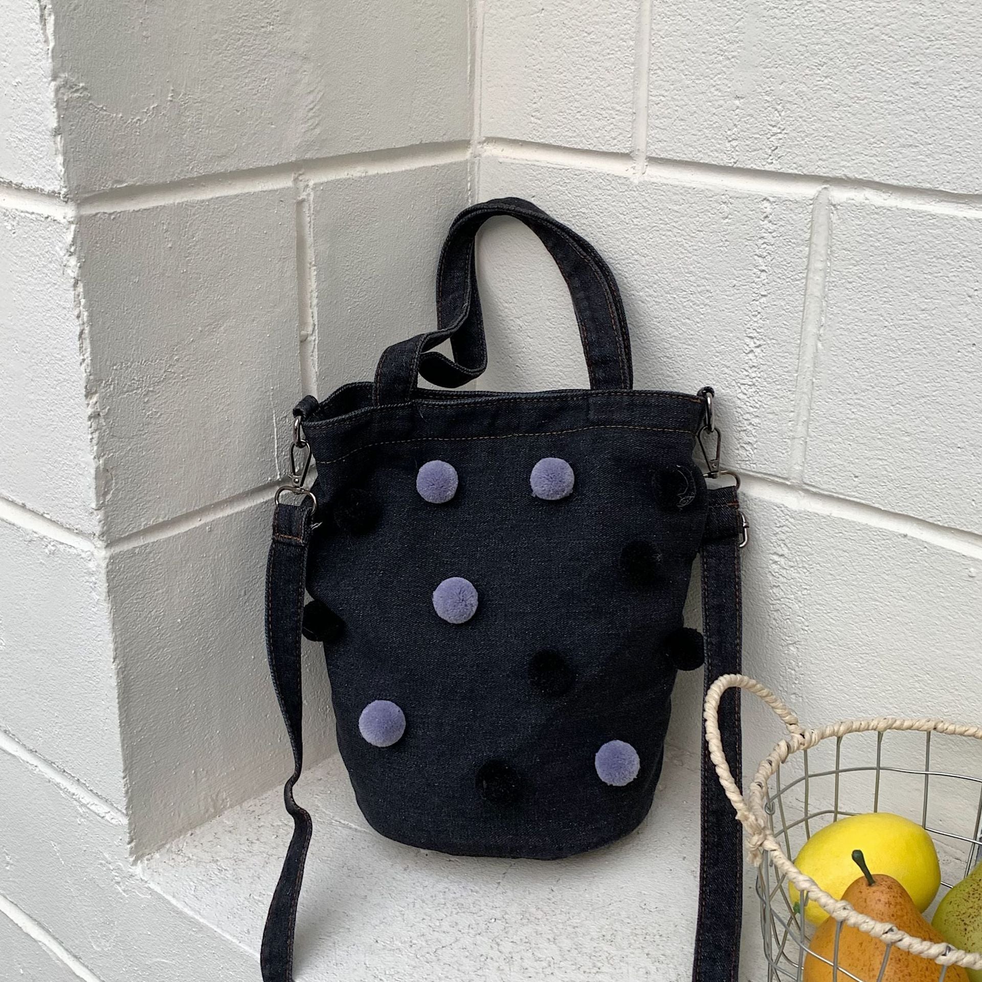 Personalized Polka Dot Retro Denim Bucket Bag