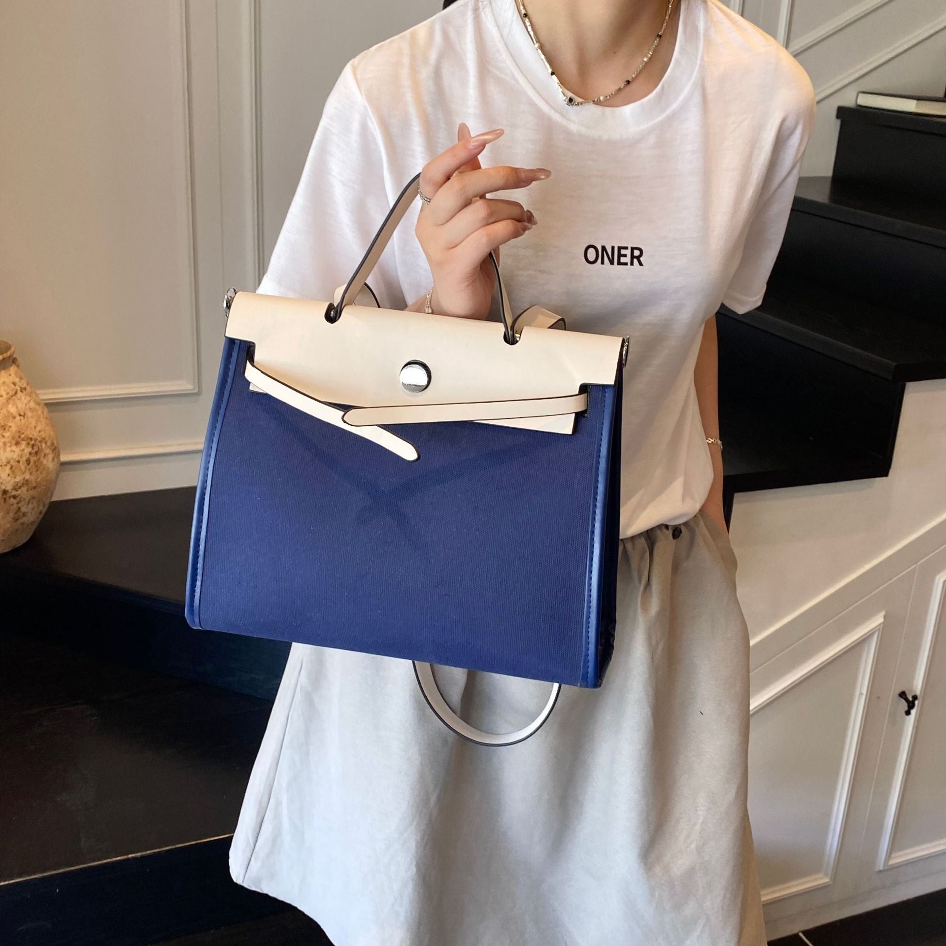 High-End Canvas Splicing Kelly Bag Large-Capacity Shoulder Bag