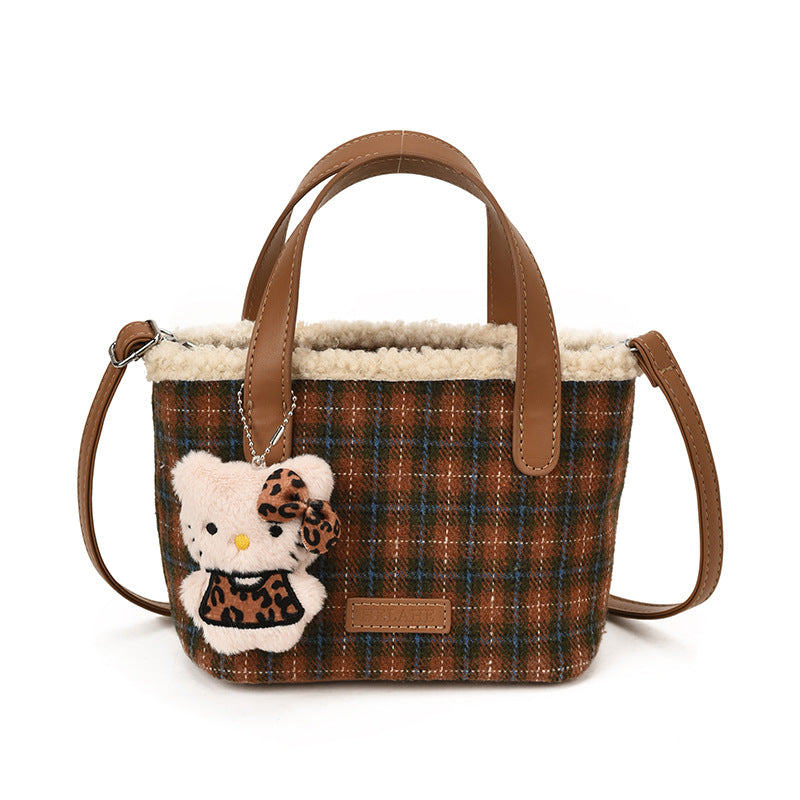 Plaid Mini Bucket Bag Woolen Shoulder Bag
